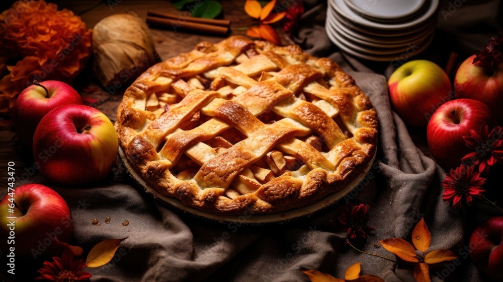 Autumn background with apple pie