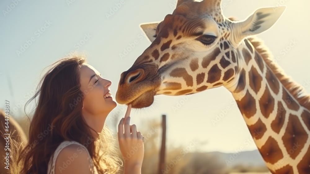 Happy young woman feeds giraffe