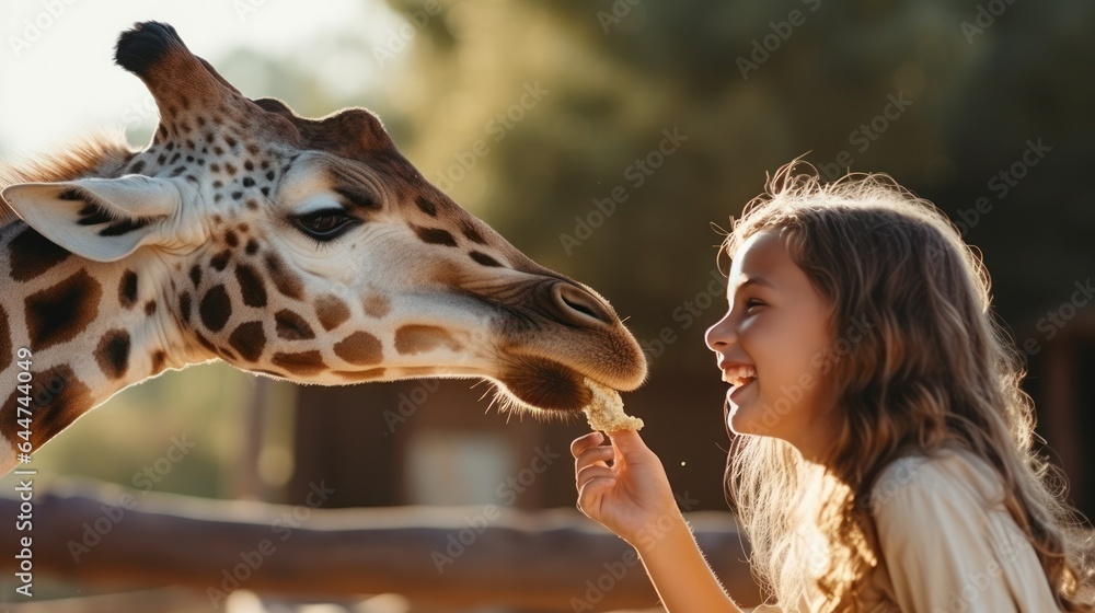 Happy young woman feeds giraffe