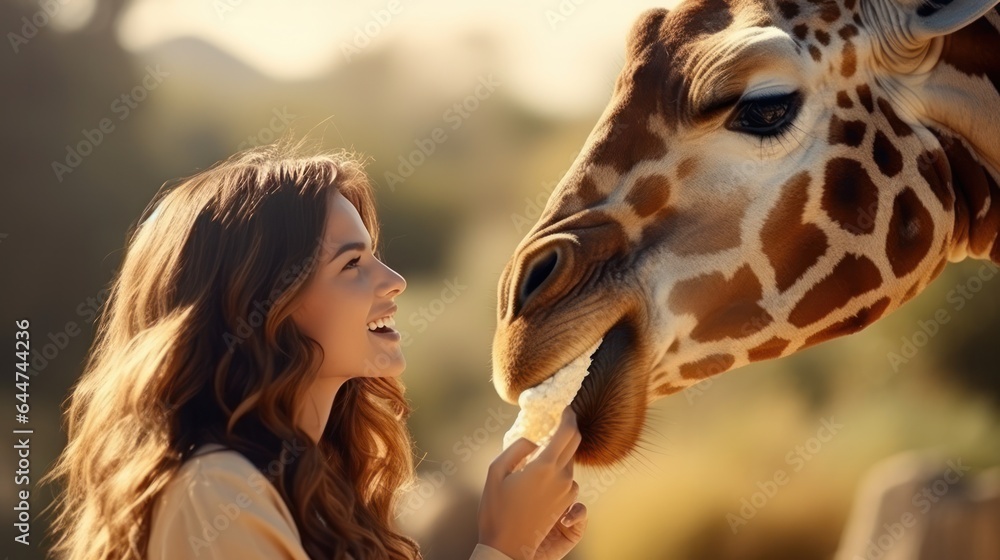 Happy young woman feeds giraffe