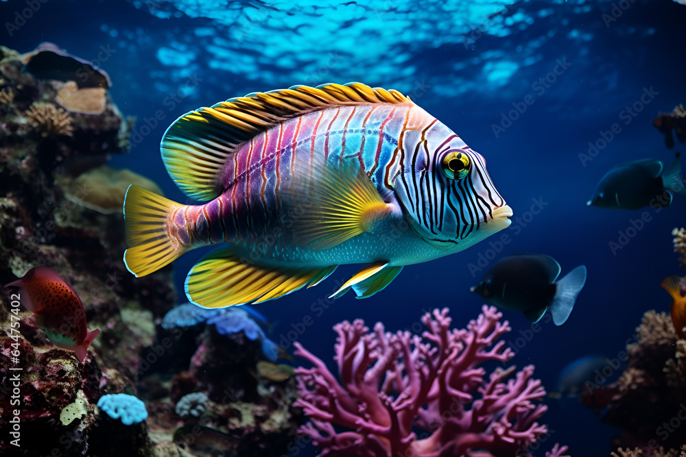 Coral reef and colorful fish. Underwater life