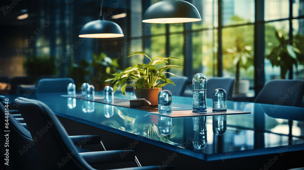 Modern minimalist corporate conference room with glass table in blue shades. Generative AI