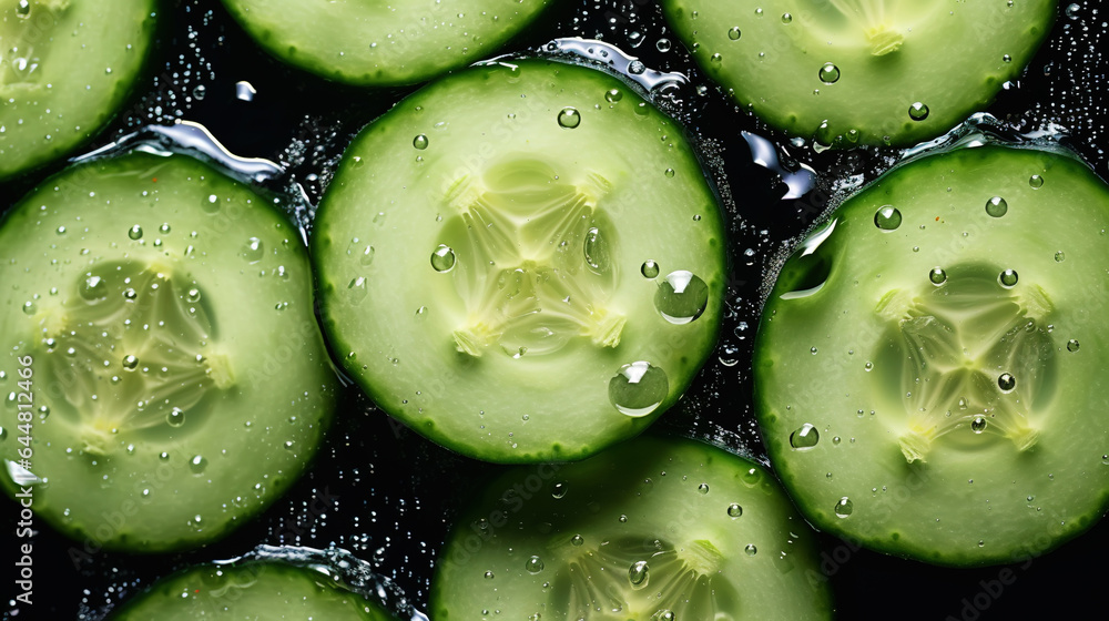 Fresh green cucumber slices with water drops background. Vegetables backdrop. Generative AI