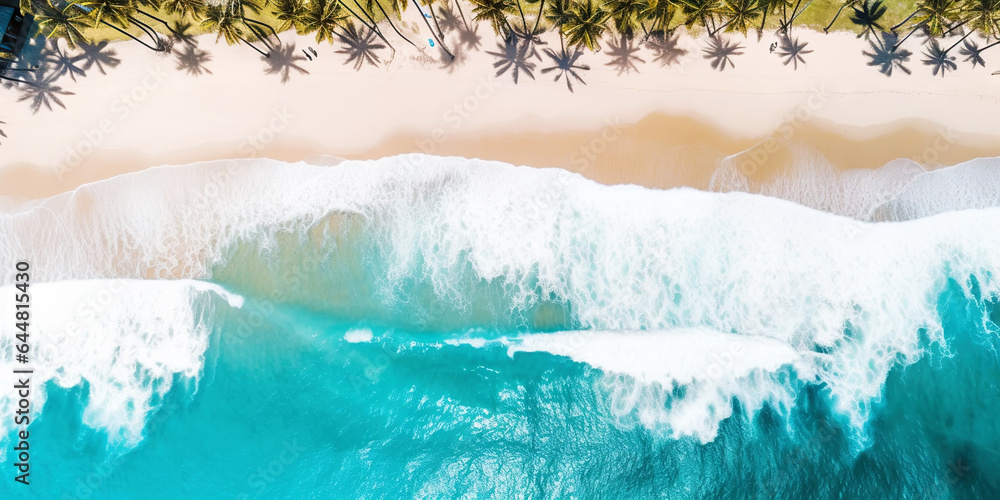 Aerial top view on sand ocean beach with palm trees. Summer vacation paradise concept. Generative AI