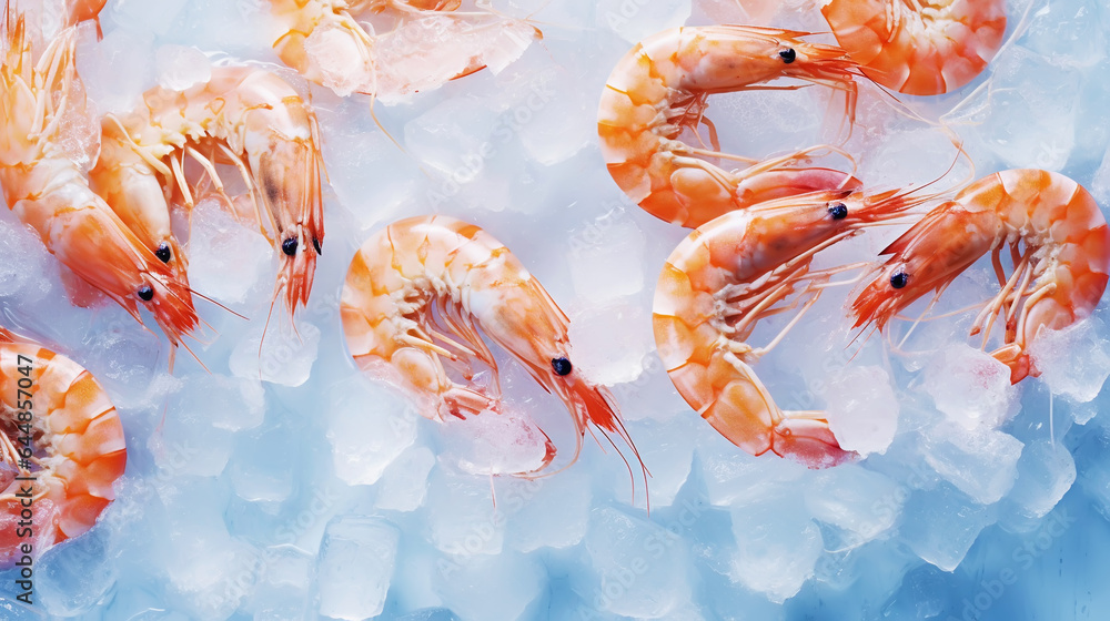 Top view of raw whole shrimps on ice. Seafood background. Generative AI