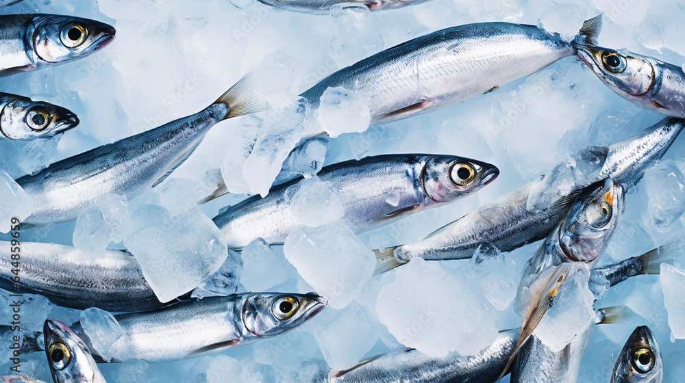  Fresh sardines on ice. Seafood background. Generative AI