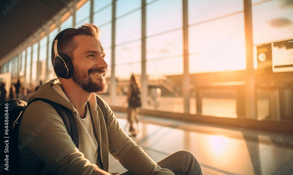 Happy smiling male traveler in airport, man sitting in headphones at the terminal waiting for her fl