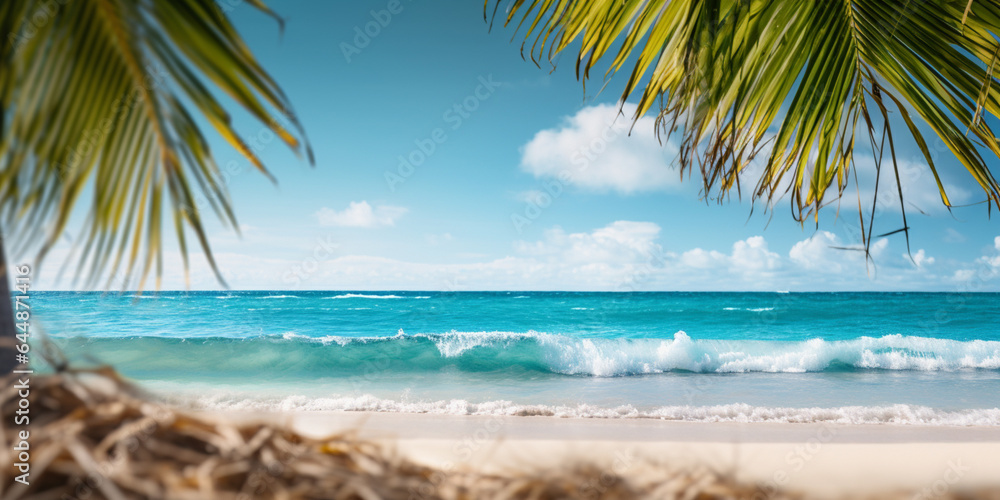 Tropical beach panorama view, coastline with palms, Caribbean sea in sunny day, Tropical seascape wi