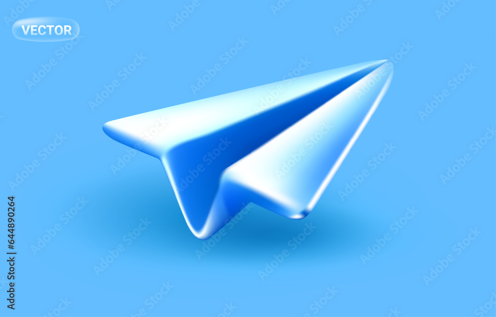 Vector illustration of paper air plane with shadow on blue background. 3d style design of air plane