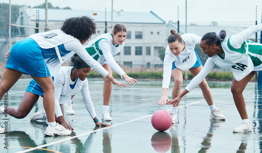 Sports, ball and team netball competition, practice and women playing game, court challenge or winte