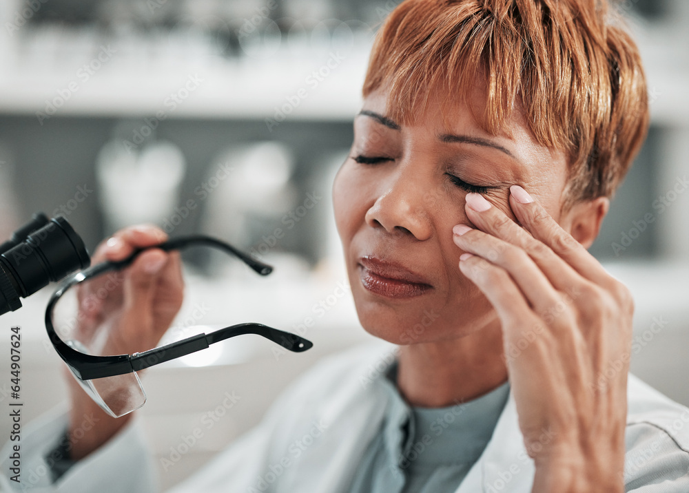 Stress, headache and science woman in the laboratory closeup with burnout during research or innovat