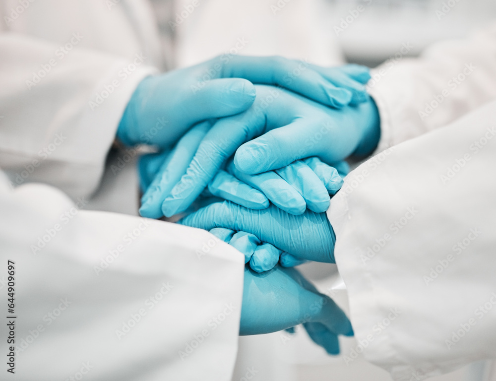 Ppe, doctor and nurse hands together for teamwork, solidarity and collaboration in hospital with glo