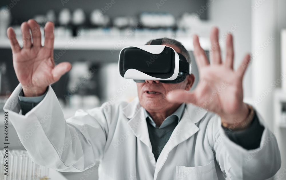 Virtual reality glasses, man and medical with research, science or healthcare metaverse with digital