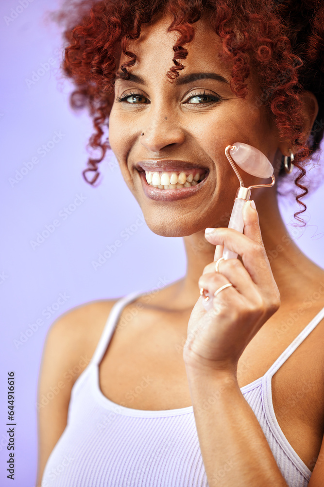 Portrait, rose quartz and woman in studio for skincare, anti aging or collagen circulation on purple