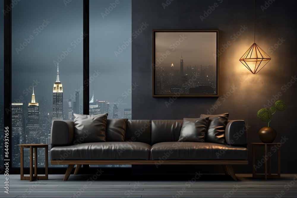 modern minimalism style interior condominium living room with cityscape view out of window at night 