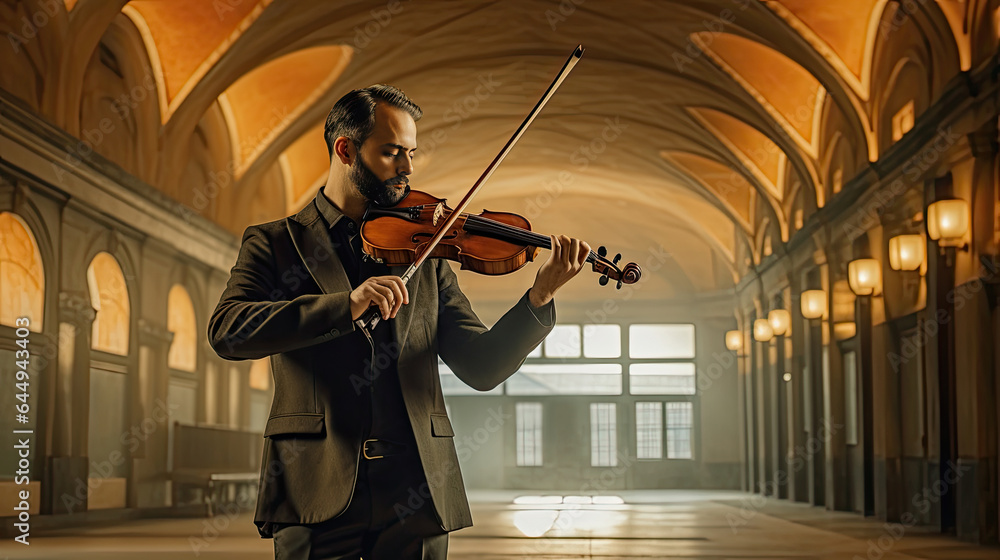 A musician playing violin in public. Musical concept. Generative Ai