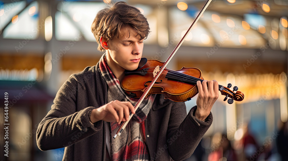 A young man playing violin in public. Musical concept. Generative Ai