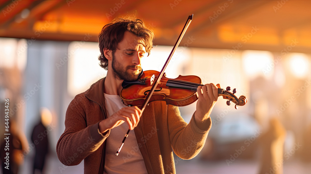 A young man playing violin in public. Musical concept. Generative Ai