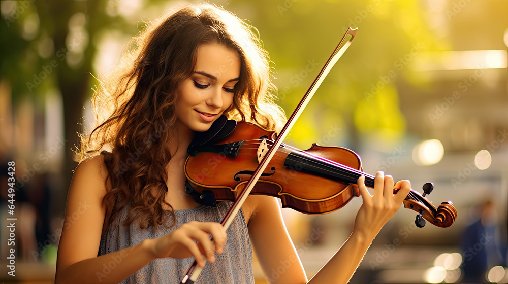 A young woman playing violin in public. Musical concept. Generative Ai.