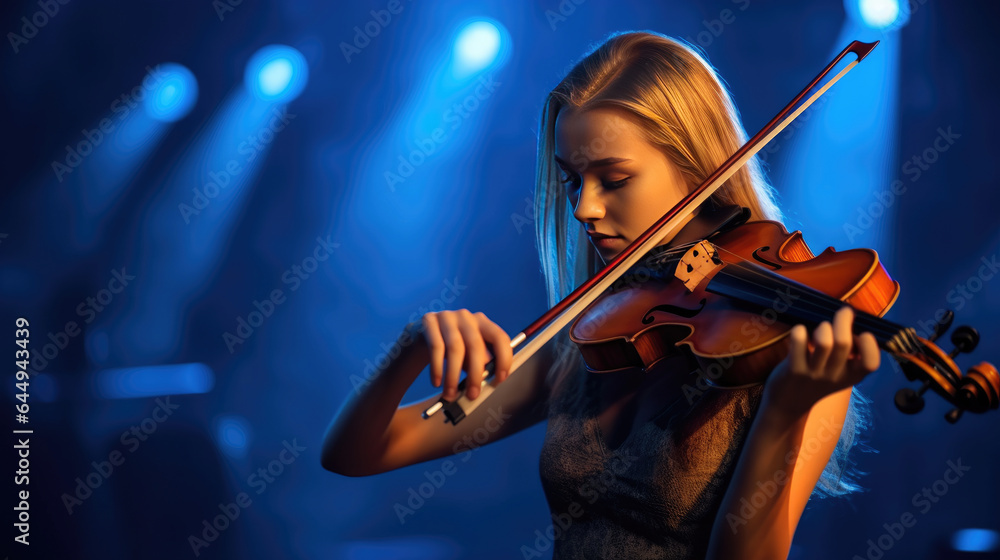 A young woman playing violin on stage. Musical concept. Generative Ai