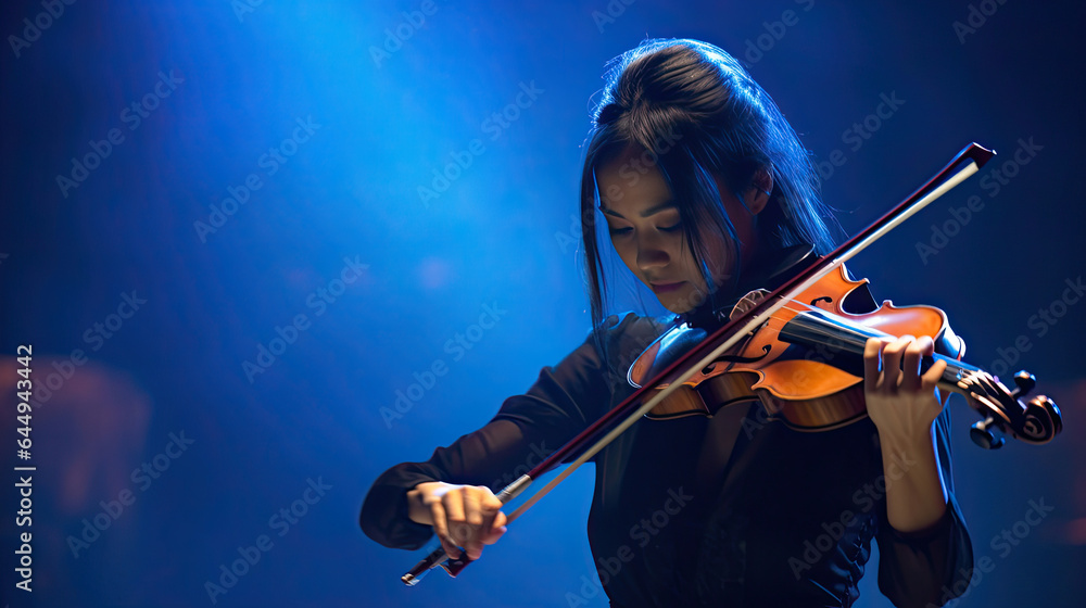 A young woman playing violin on stage. Musical concept. Generative Ai