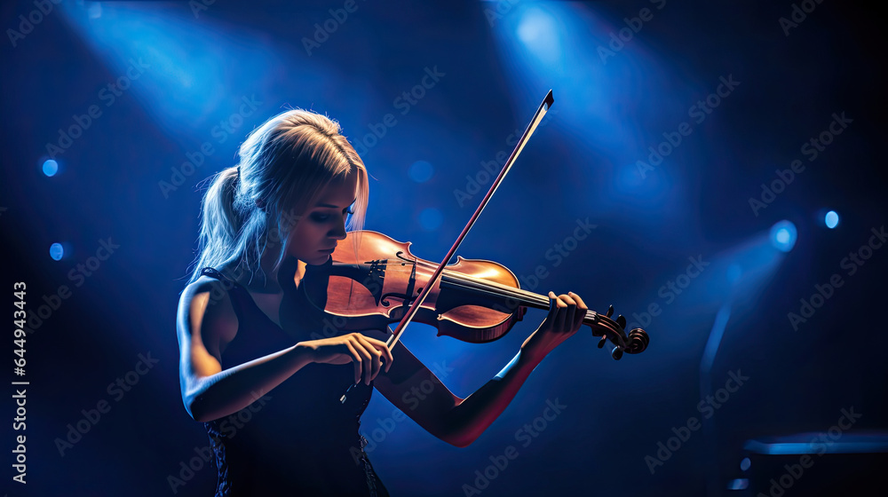 A young woman playing violin on stage. Musical concept. Generative Ai