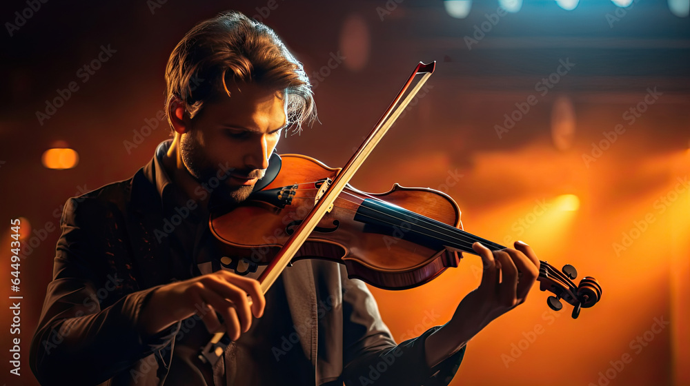 Musician play violin on dark background. Musical concept. Generative Ai