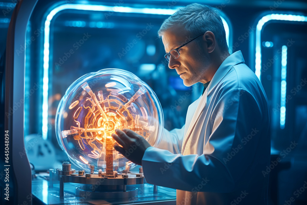 A male scientist conducts an electrical experiment and makes a discovery. 