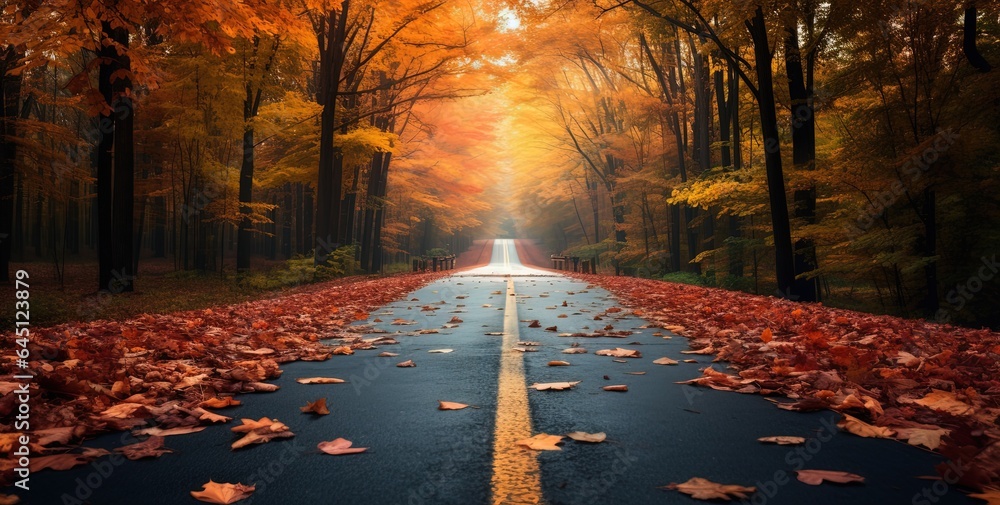 Autumn landscape background of a long tree tunnel road, Generative Ai