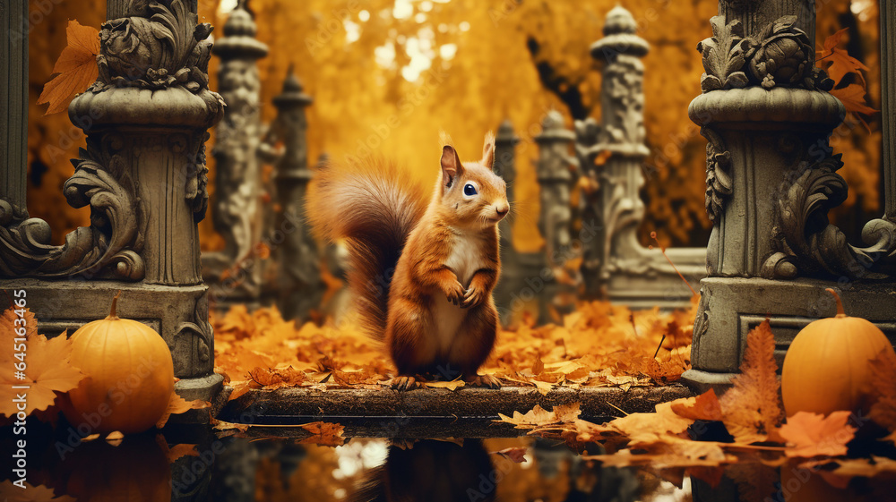 Red squirrel in a beautiful autumn garden