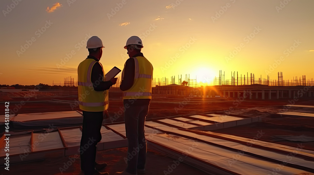 Structural engineer and foreman worker with touch pad discuss, plan working for the outdoors buildin