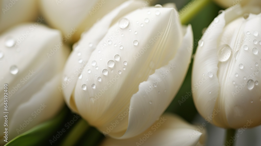 White Tulips flowers with water drops background. Closeup of blossom with glistening droplets. Gener