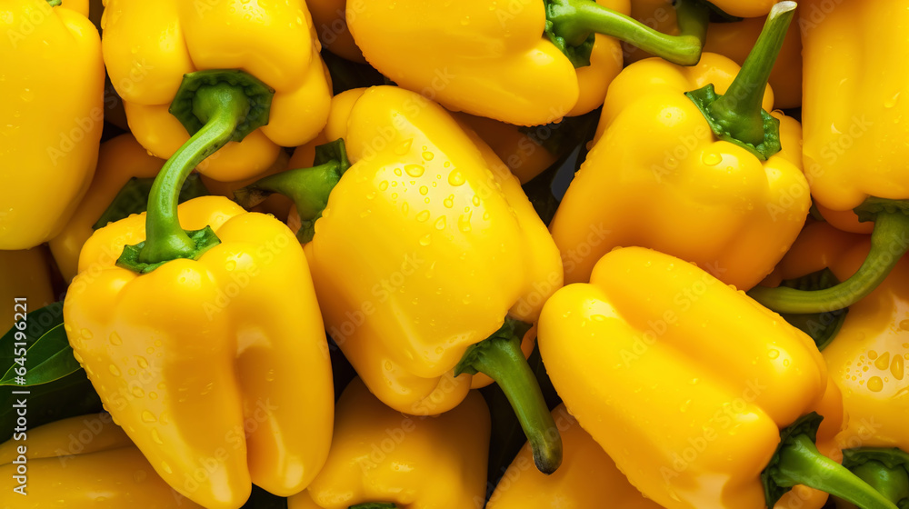 Fresh yellow bell peppers with water drops background. Vegetables backdrop. Generative AI