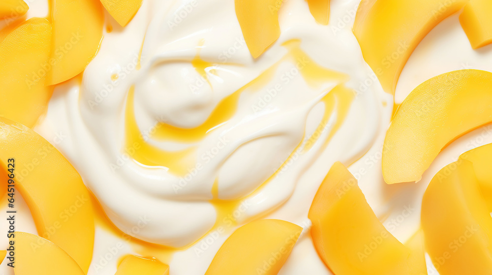 Yogurt and fresh mango pieces, background. Top view. Generative AI