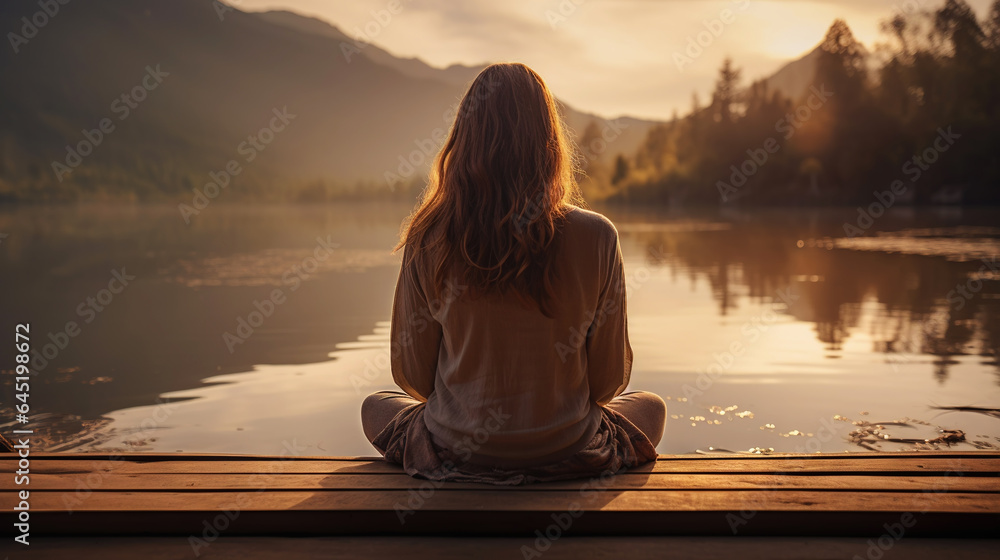 Young girl practice yoga on wooden pier with a view on lake and beautiful landscape. Generative AI