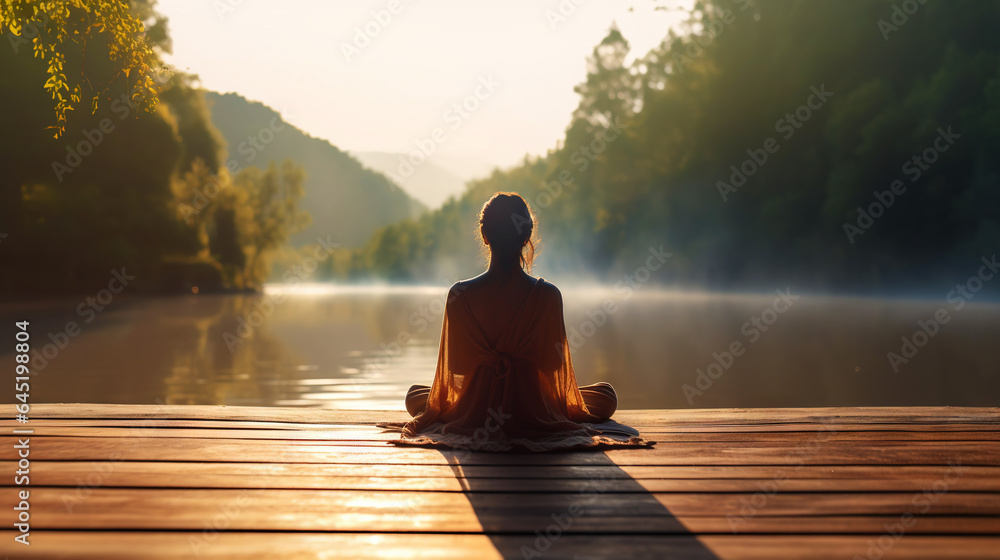 Young girl practice yoga on wooden pier with a view on lake and beautiful landscape. Generative AI