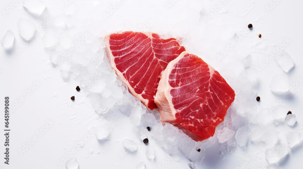 Slices of tuna fish on the ice cubes. Fresh fish fillet. Seafood background. Generative AI