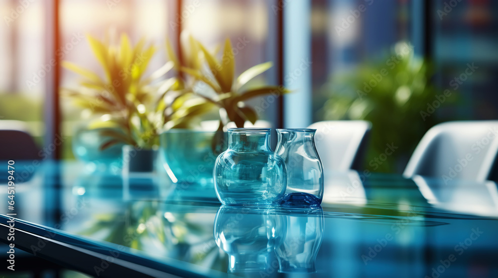 Modern minimalist corporate conference room with glass table in blue shades. Generative AI