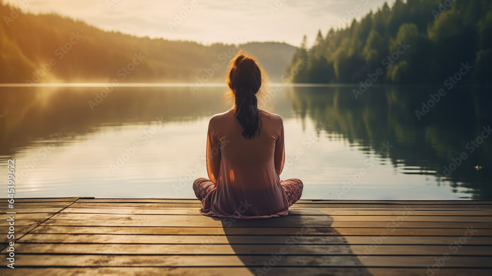 Young girl practice yoga on wooden pier with a view on lake and beautiful landscape. Generative AI