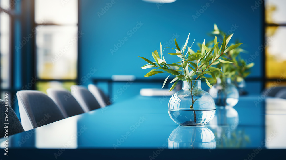 Modern minimalist corporate conference room with glass table in blue shades. Generative AI