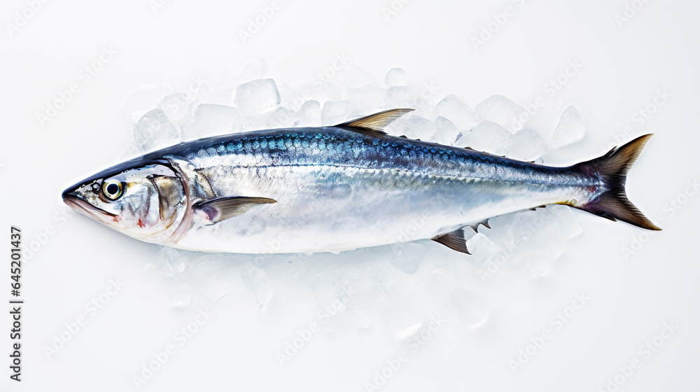 Fresh mackerel fish (Scomber scrombrus) on ice. Seafood background. Generative AI