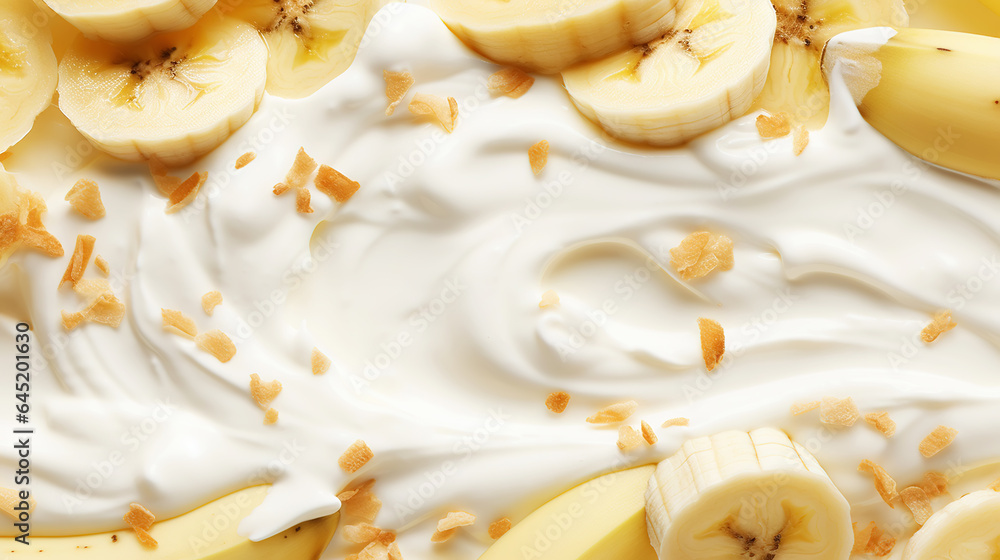 Yogurt and fresh bananas, background. Top view. Generative AI