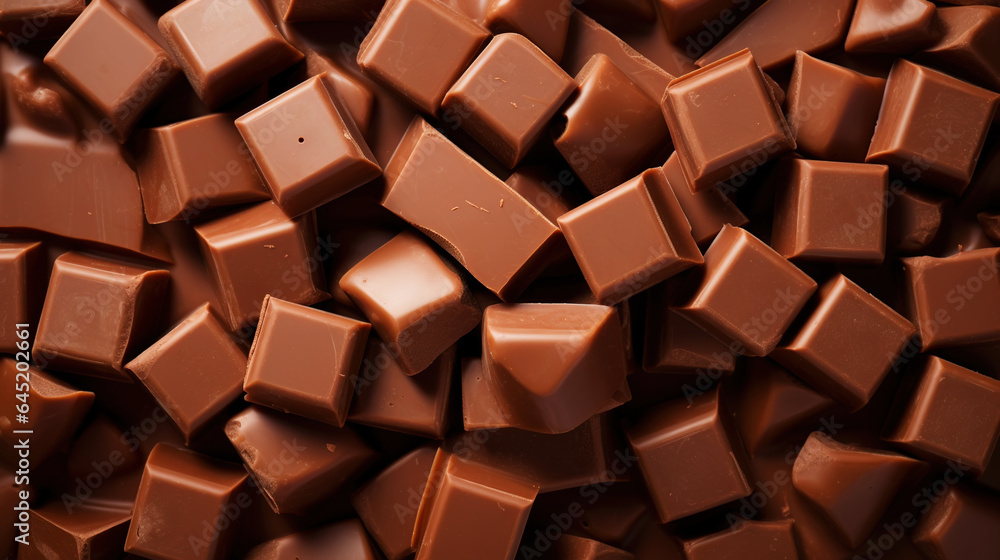 Milk chocolate chunks background. Top view of many chocolate blocks. Generative AI