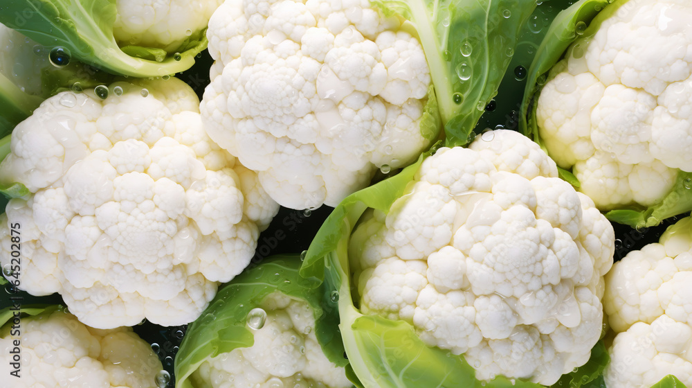 Fresh cauliflowers with water drops background. Vegetables backdrop. Generative AI