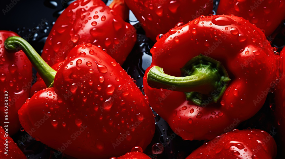 Fresh red bell peppers with water drops background. Vegetables backdrop. Generative AI