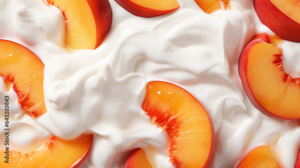 Yogurt and fresh peaches, background. Top view. Generative AI