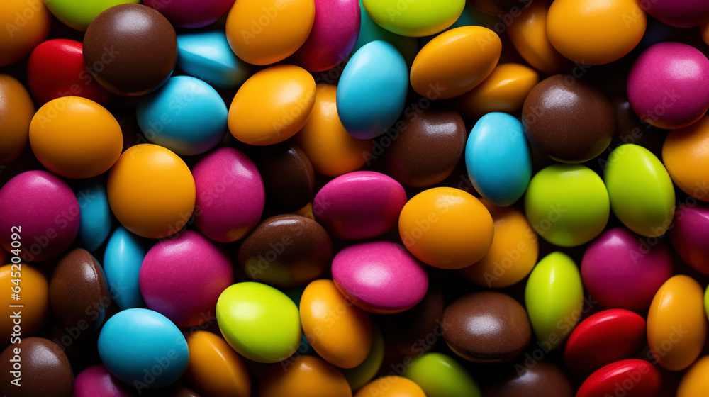 Close up of a pile of colorful chocolate coated candies. Candy background. Generative AI