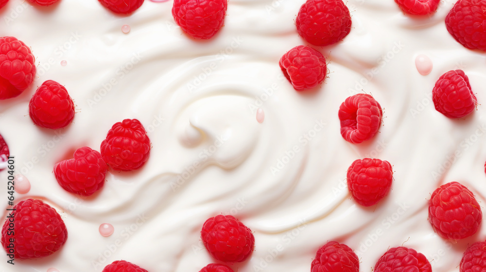 Yogurt and fresh raspberries, background. Top view. Generative AI