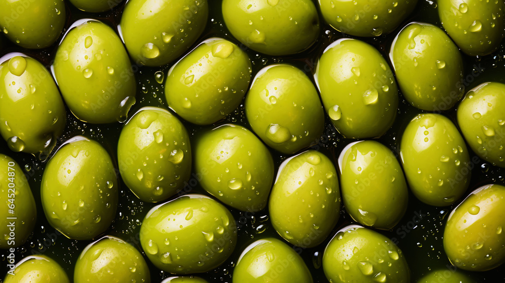 Fresh green olives with water drops background. Vegetables backdrop. Generative AI