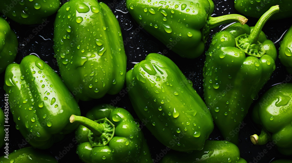 Fresh green bell peppers with water drops background. Vegetables backdrop. Generative AI